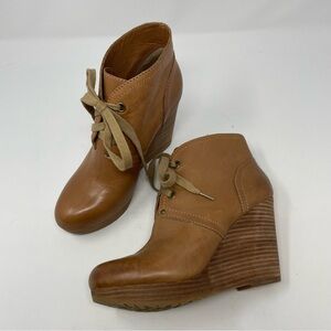 Lucky Brand Tan Cognac Norice Leather Wedge Ankle Lace Up Booties 7 1/2